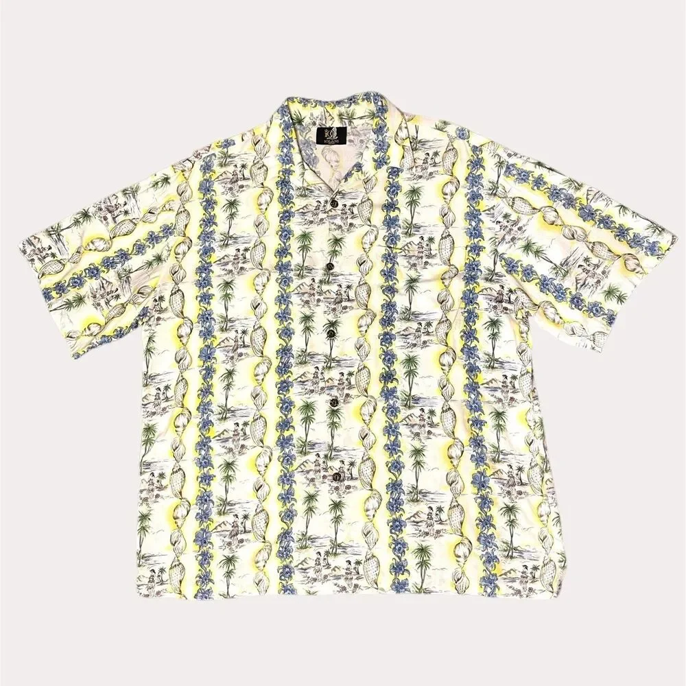 Iolani Vintage Mens Hawaiian Button Down Shirt Hula Seashell L